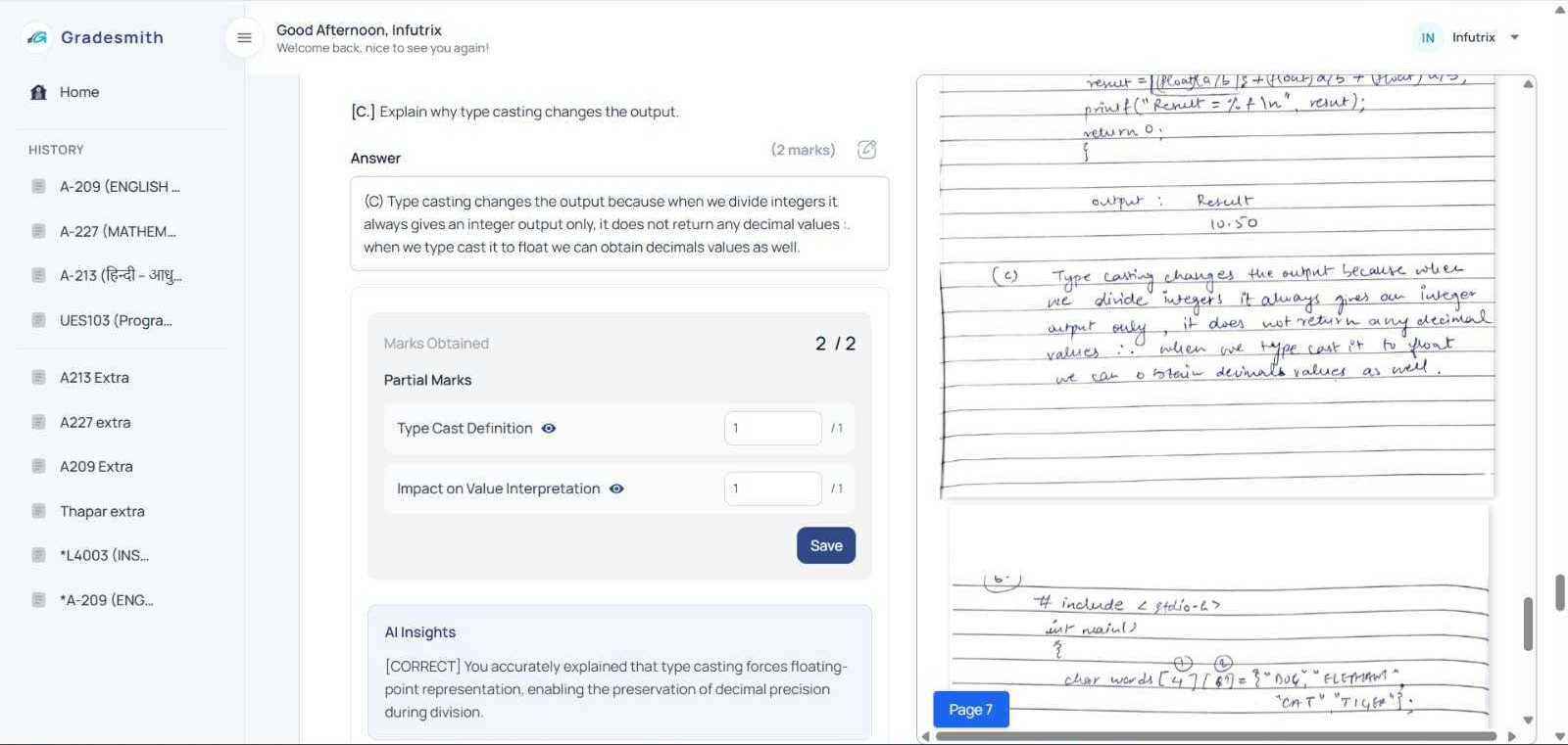 A GradeSmith evaluation screen: rubric-level marks beside the scanned answer script